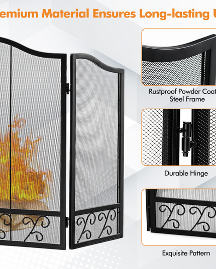 Giantex 3-Panel Folding Fireplace Screen Black - 50 x 31 Inch No Assembly Required Decorative Freestanding Steel Mesh Fire Screen