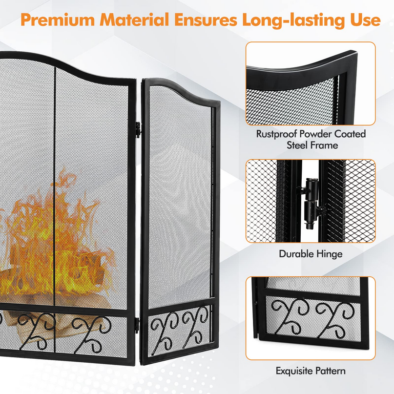 Giantex 3-Panel Folding Fireplace Screen Black - 50 x 31 Inch No Assembly Required Decorative Freestanding Steel Mesh Fire Screen