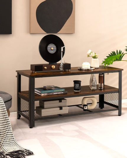 Giantex TV Stand for TV up to 50 Inches, 43.5 inch Wood Industrial TV Cabinet with 3-Tier Storage Shelves, Rustic Brown