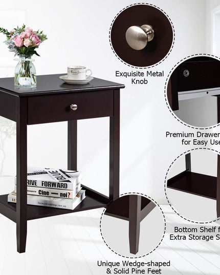 Nightstand Wooden 2-Tier Couch Sofa Side Table with Drawer, End Table
