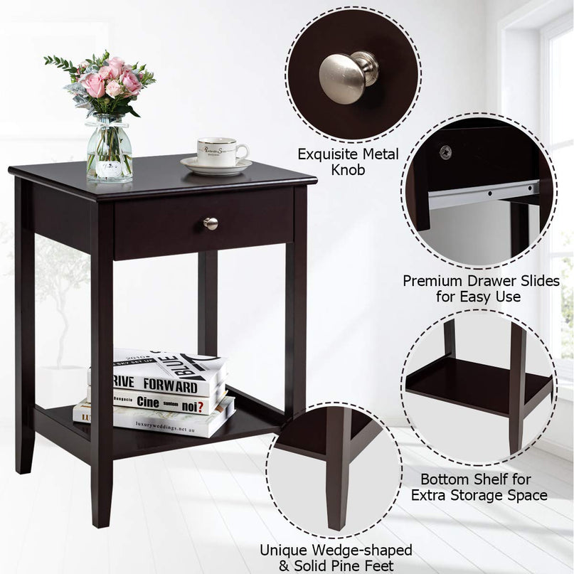 Nightstand Wooden 2-Tier Couch Sofa Side Table with Drawer, End Table