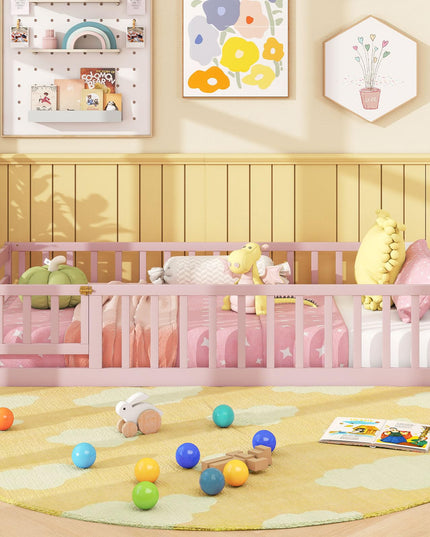 Giantex  Floor Bed with Door & Fence Kids Wood Montessori Bed