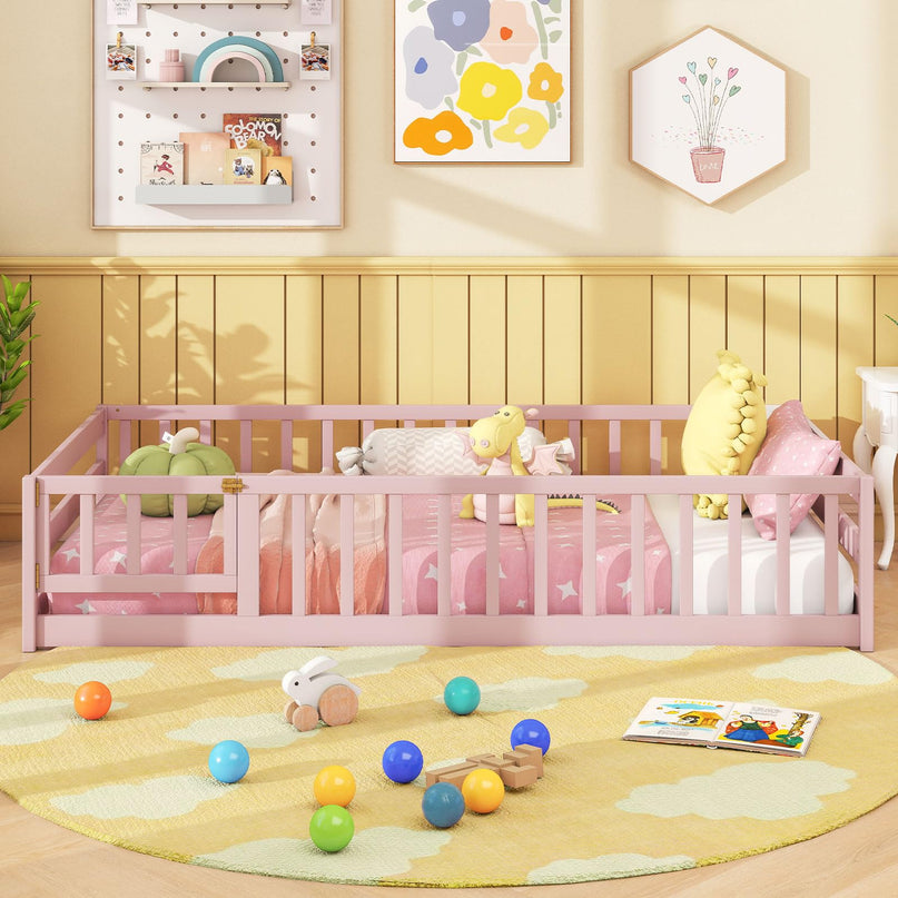 Giantex  Floor Bed with Door & Fence Kids Wood Montessori Bed