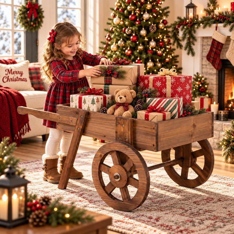 GIANTEX Wooden Wagon Planter Box with Wheels