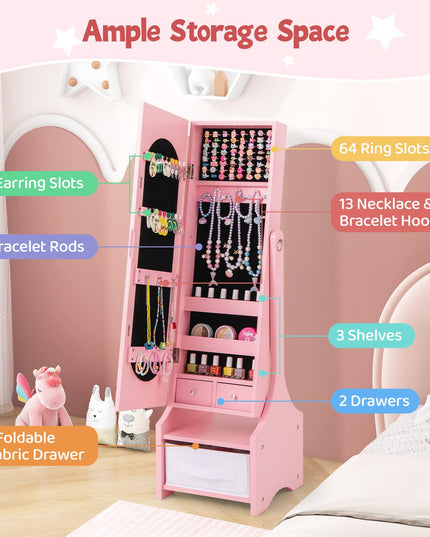 CHARMAID Kids Mirror Jewelry Armoire Cabinet - Standing jewelry Organizer for Girls