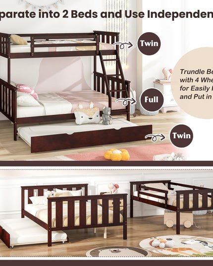 Giantex Twin Over Full Bunk Bed with Trundle, Reversible Ladder & Safety Guardrails