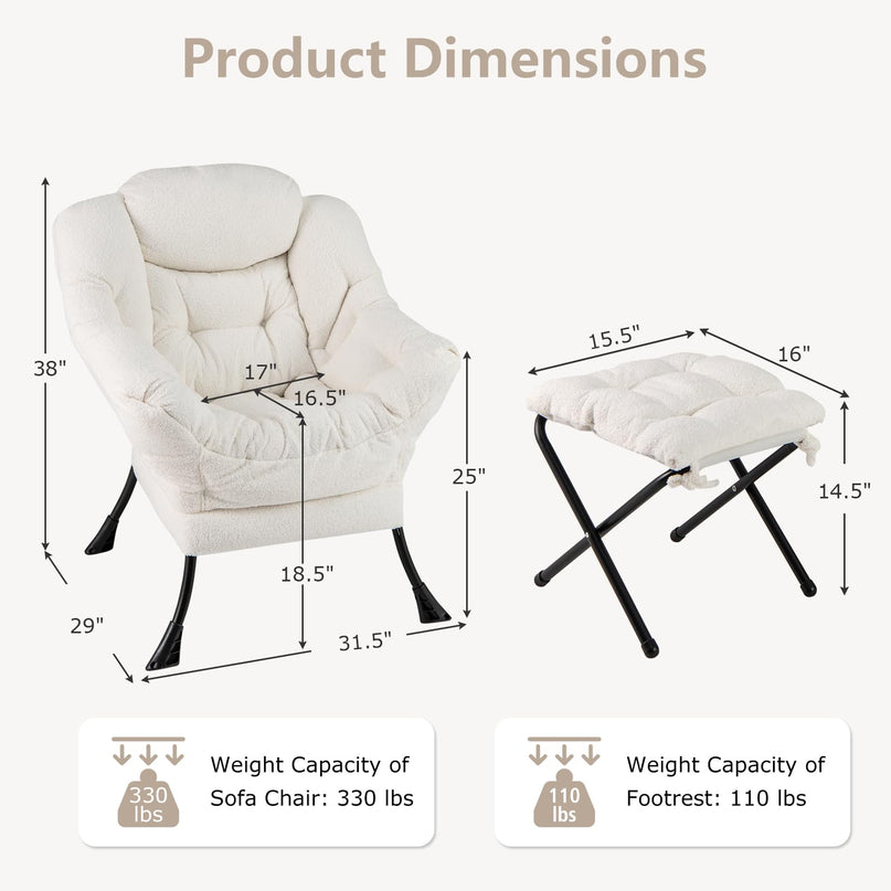 Giantex Set of 1/2 Lazy Chair with Folding Ottoman, Modern Sherpa Accent Chair w/Armrests & Pocket