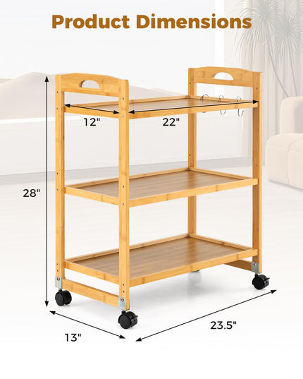 Giantex 3-Tier Rolling Storage Cart | Bamboo Utility Cart w/ 3 Side Hooks & Adjustable Shelves