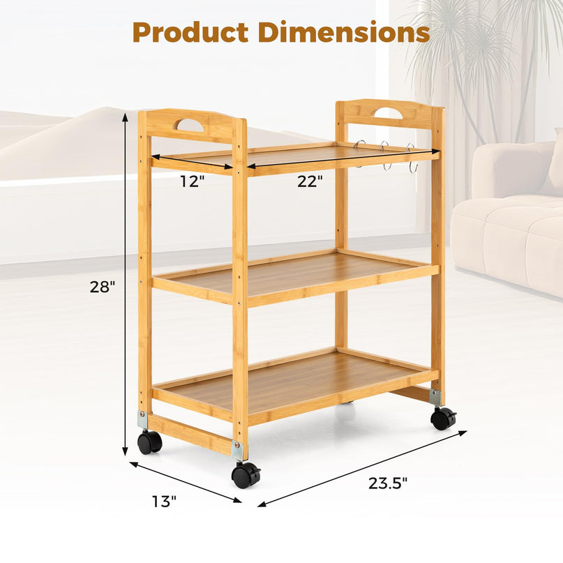 Giantex 3-Tier Rolling Storage Cart | Bamboo Utility Cart w/ 3 Side Hooks & Adjustable Shelves