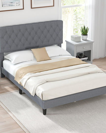 Giantex Queen Bed Frame, Upholstered Platform Bed with Button Tufted Headboard and Solid Wooden Slats Support