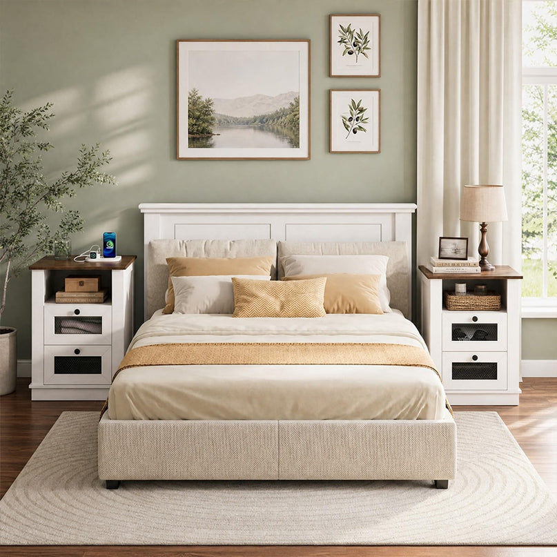 GIANTEX 2-Drawer Nightstand with Charging Station & Open Storage (1/2)