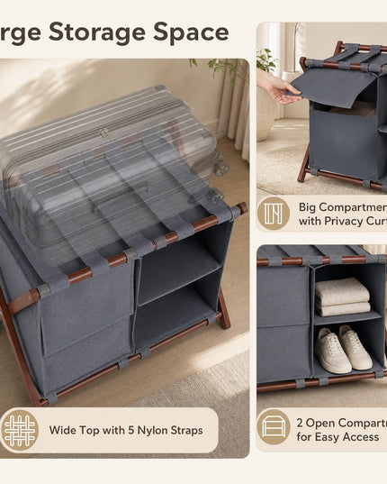 GIANTEX 27" Folding Bamboo Luggage Rack with 3 Storage Compartments (1/2)