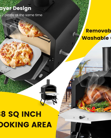 Giantex Outdoor Pizza Oven Wood Fired, 2-Layer Pizza Maker with Pizza Stone, Pizza Peel (Black)