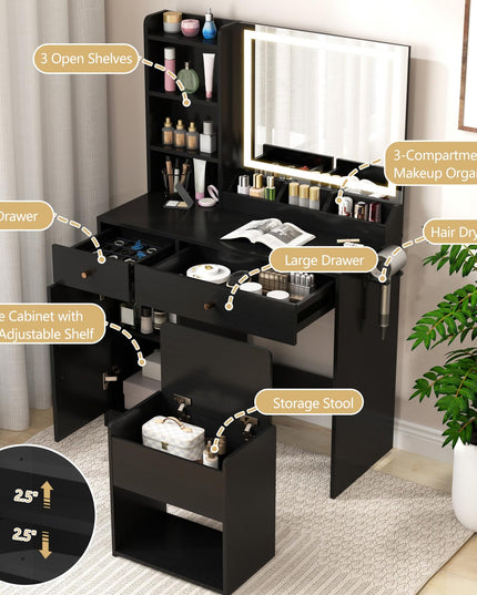 CHARMAID Vanity Desk with Mirror and Lights, Makeup Vanity Desk with Drawers, Shelves, Side Cabinet