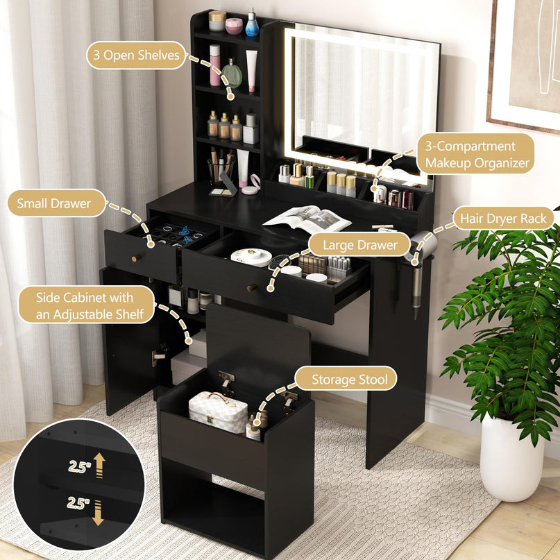 CHARMAID Vanity Desk with Mirror and Lights, Makeup Vanity Desk with Drawers, Shelves, Side Cabinet