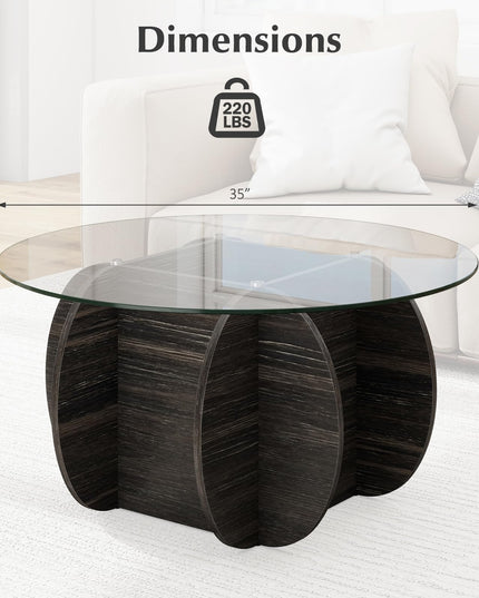 Giantex 35" Glass Round Coffee Table with Storage & Solid Wood Base