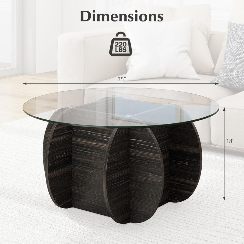 Giantex 35" Glass Round Coffee Table with Storage & Solid Wood Base