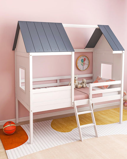 Giantex Twin House Bed Frame, Kids Low Loft Bed Frame with Roof