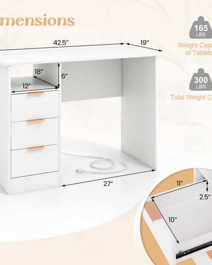 Giantex White Desk with Drawers, Modern Home Office Desk Writing Study Desk with Charging Station
