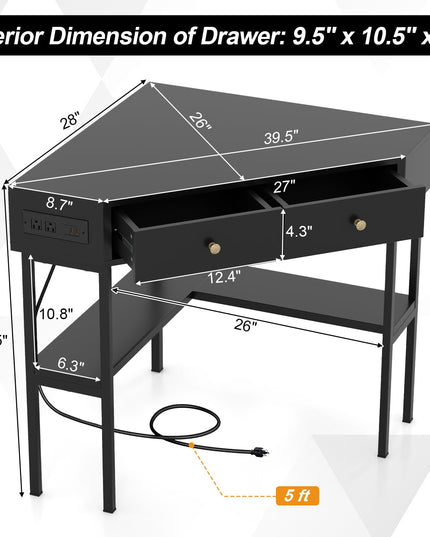 Giantex Corner Desk with Charging Station, 90 Degree Triangle Computer Desk with 2 Drawers & Storage Shelf