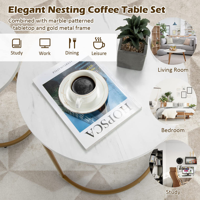Giantex Modern Nesting Coffee Table Set of 2, Accent Marble Look Stacking Side Table for Living Room Bedroom
