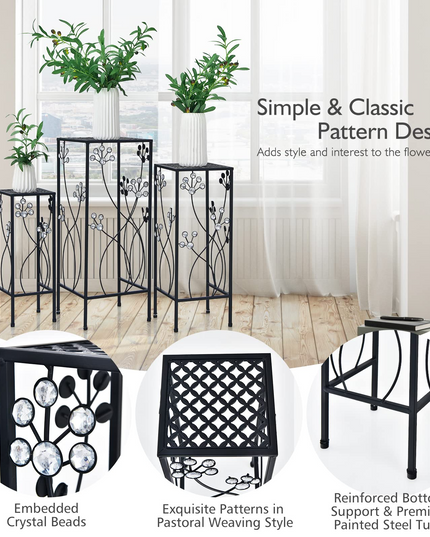 3 Pieces Flower Pots Display Rack with Vines and Crystal Floral Design