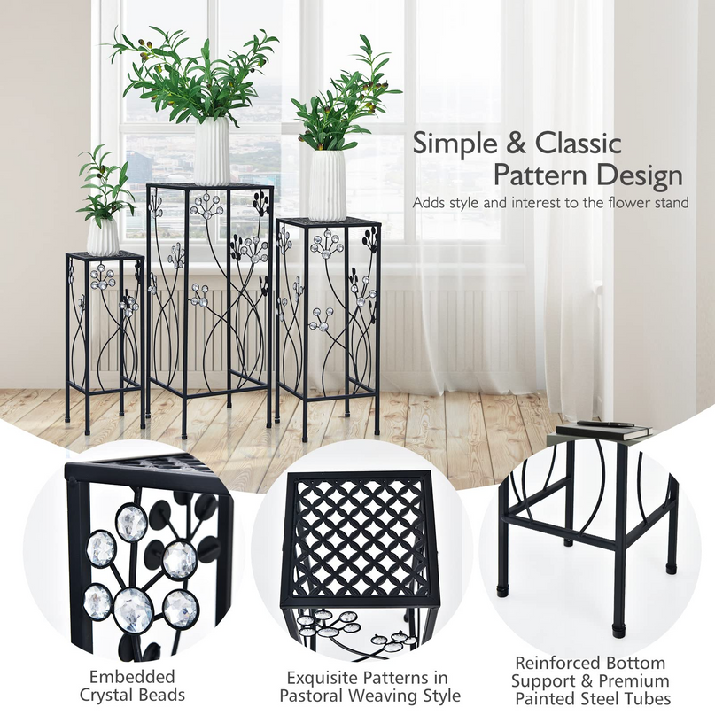 3 Pieces Flower Pots Display Rack with Vines and Crystal Floral Design