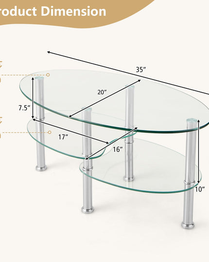 Giantex Oval Glass Coffee Table - 3-Tier Transparent Tempered Glass Center Table with Metal Stand, 35"× 20" ×18"