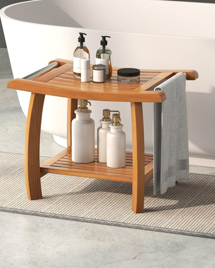 Gaintex Teak Shower Bench with Handles and Storage Shelf, Teak Shower Stool for Shaving Legs, Non-Slip Foot Pads