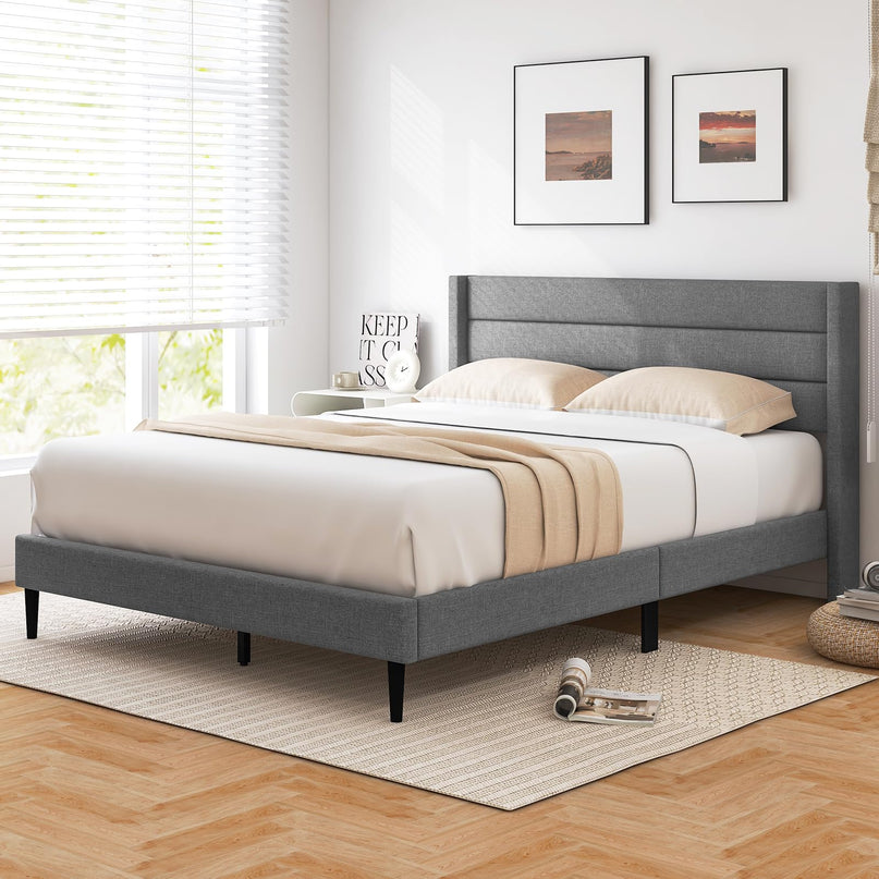 Giantex Bed Frame, Modern Linen Upholstered Platform Bed with Wingback Headboard