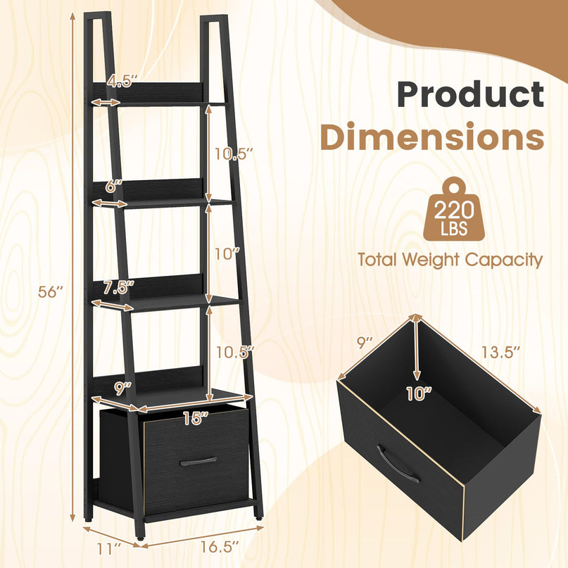 Giantex Modern Freestanding 5-Tier Ladder Bookshelf with Removable Fabric Drawer