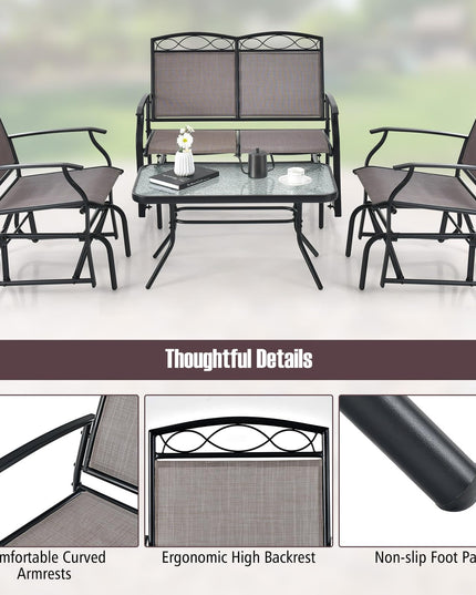Giantex 4 or 2 PCS Outdoor Glider Chairs Set - Patio Furniture Set with Tempered Glass Table (4 PCS, Brown)