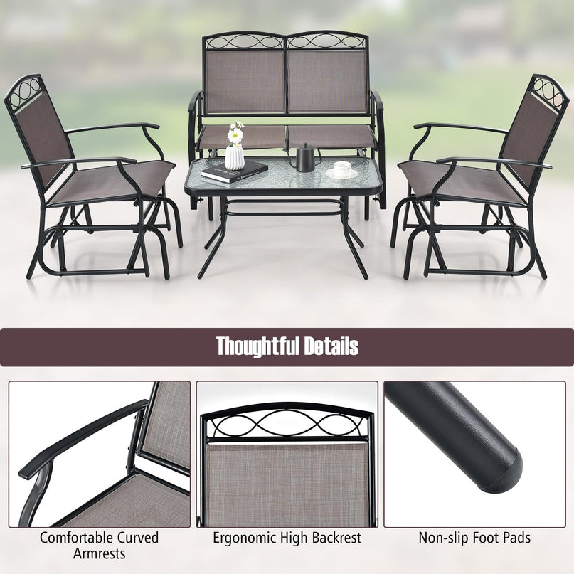 Giantex 4 or 2 PCS Outdoor Glider Chairs Set - Patio Furniture Set with Tempered Glass Table (4 PCS, Brown)