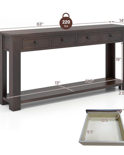 Giantex 63" Farmhouse Entryway Table, Narrow Console Table w/ 4 Storage Drawers & Open Shelf
