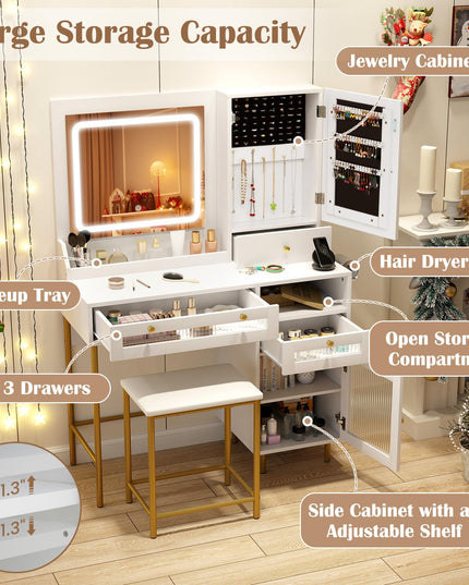 CHARMAID Vanity Desk with Mirror and Lights, White Makeup Vanity Desk with Jewelry Storage