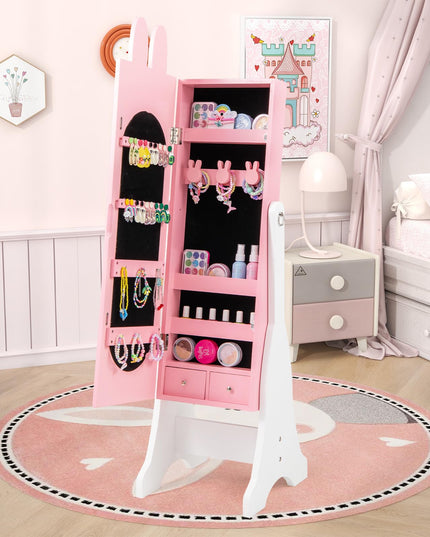 CHARMAID Kids Mirror Jewelry Cabinet - 45" Standing Jewelry Armoire with Full Length Mirror