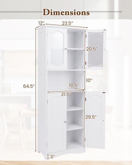 Giantex 64.5" Tall Bathroom Cabinet, Pantry Cabinet with Tempered Glass Doors, Adjustable Shelves