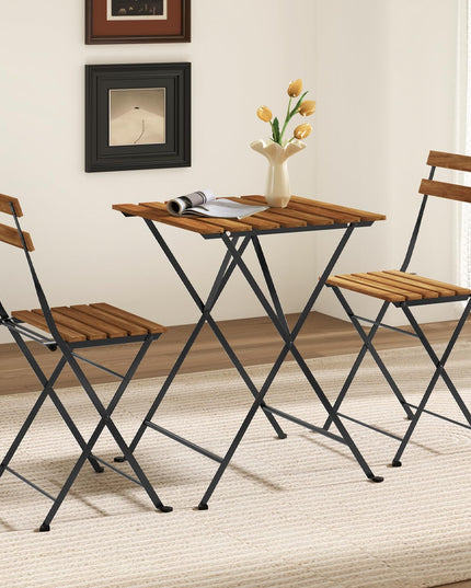 Giantex 3-Piece Acacia Wood Bistro Set with 2 Folding Chairs, Slatted Seat & Tabletop