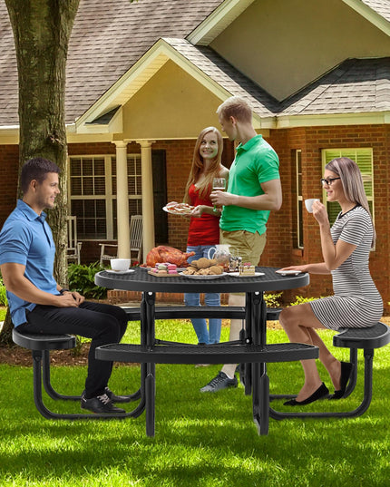 Giantex Round Picnic Table Set for 8 Persons, 45 Inch Outdoor Table and Bench Set with Umbrella Hole