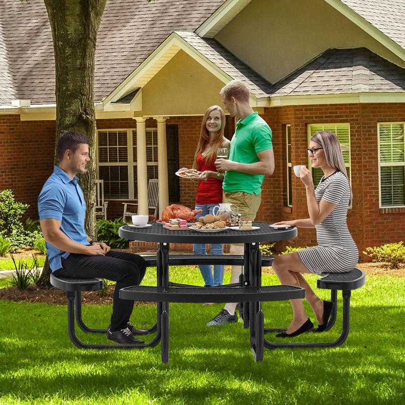 Giantex Round Picnic Table Set for 8 Persons, 45 Inch Outdoor Table and Bench Set with Umbrella Hole