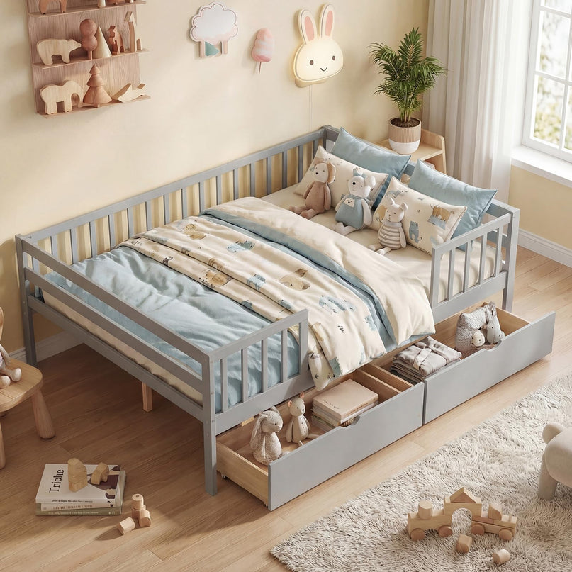 Lit simple pour enfants Giantex avec barrières de sécurité et étagère latérale