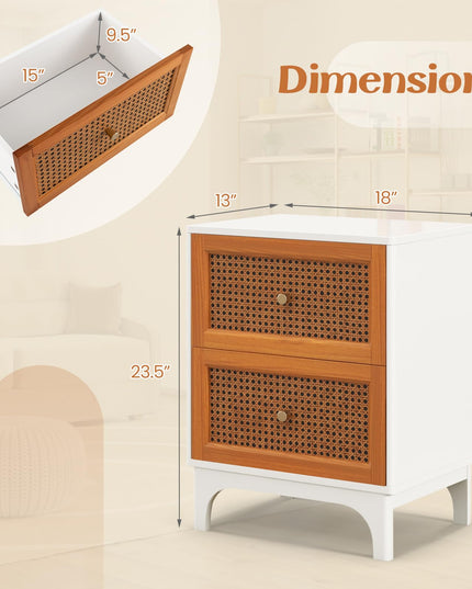 Giantex Rattan Nightstand with Drawers, Natural Rattan End Table, Cane Accent Bedside Table with Solid Wood Legs for Bedroom