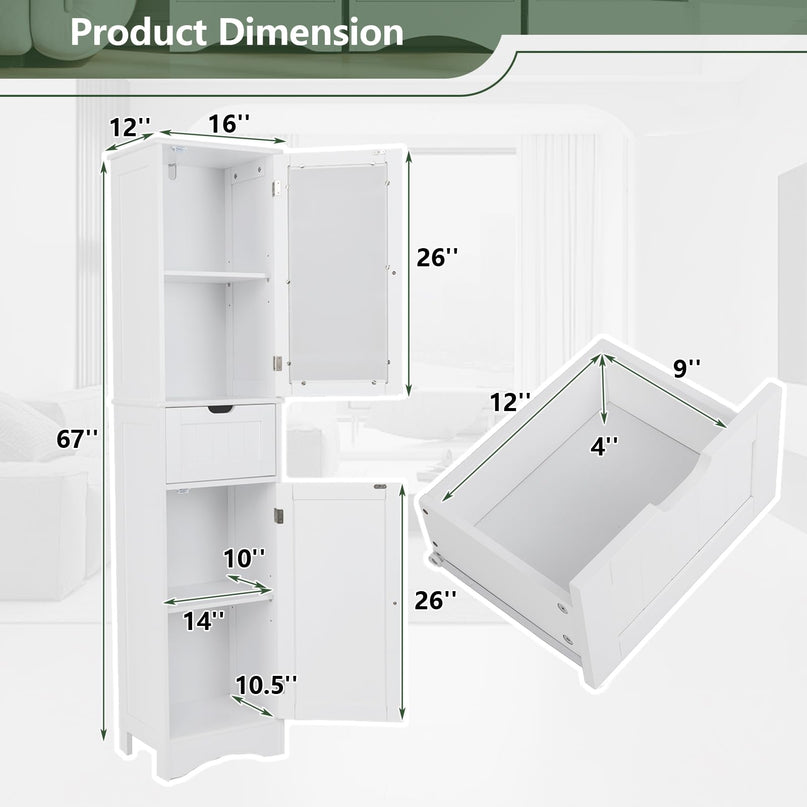 Giantex Freestanding Bathroom Storage Cabinet - 67” Tall Slim Pantry Cabinet