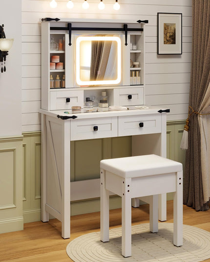 CHARMAID Farmhouse Vanity Desk with Drawers & Shelves, Rustic Vanity Dressing Table with Stool (31" Wide,White)