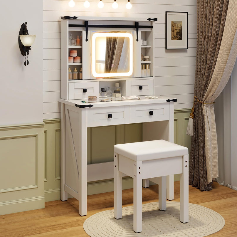CHARMAID Farmhouse Vanity Desk with Drawers & Shelves, Rustic Vanity Dressing Table with Stool (31" Wide,White)
