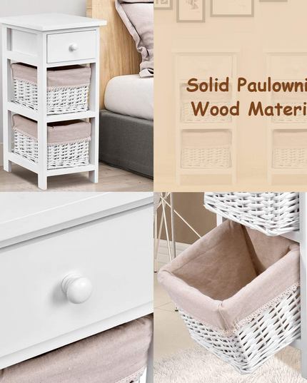 Giantex Wooden Nightstand 3-Tier Modern Bedside Table with 1 Drawer and 2 Storage Baskets