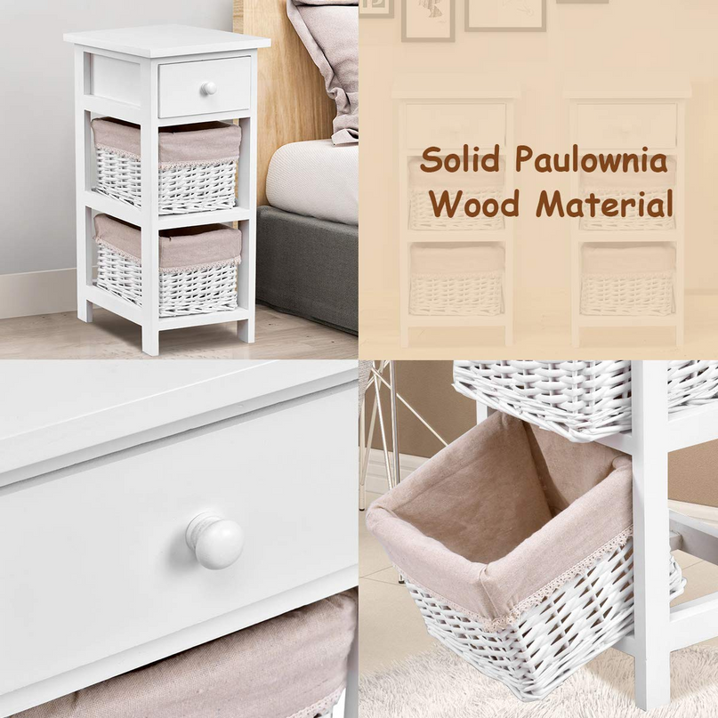 Giantex Wooden Nightstand 3-Tier Modern Bedside Table with 1 Drawer and 2 Storage Baskets