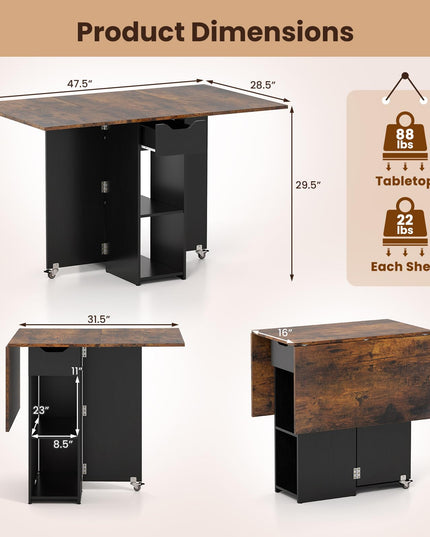 Table à manger pliante Giantex 47,5 po avec étagère de rangement à 2 niveaux et tiroir