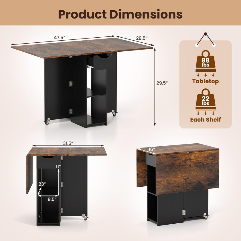Table à manger pliante Giantex 47,5 po avec étagère de rangement à 2 niveaux et tiroir