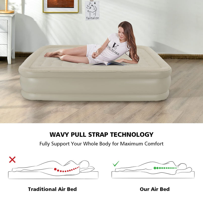 Giantex Air Bed with Built-in Pump, High Elevated Raised Mattress with Wavy Pull Strap